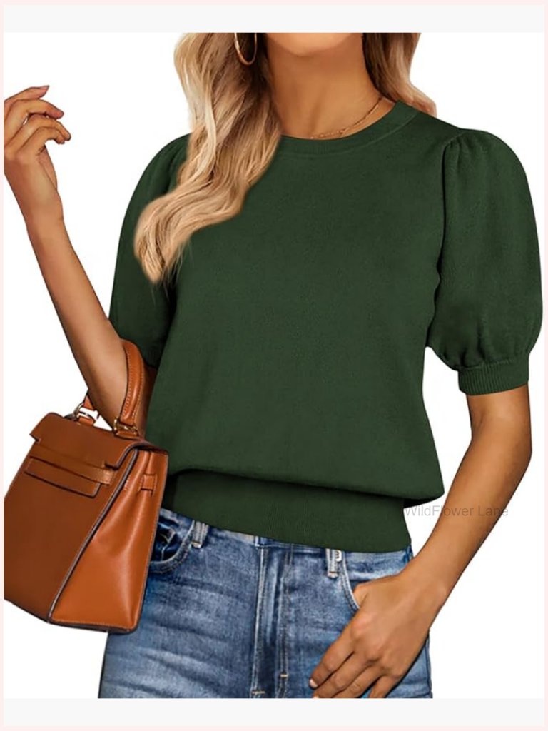 Womens Sweater Puff Short Sleeve Crewneck Knit Pullover Business Casual Tops
